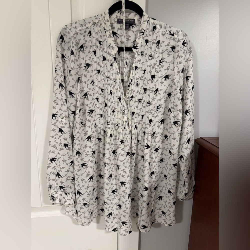 A Pea in the Pod Maternity Black and White Bird Pattern Blouse